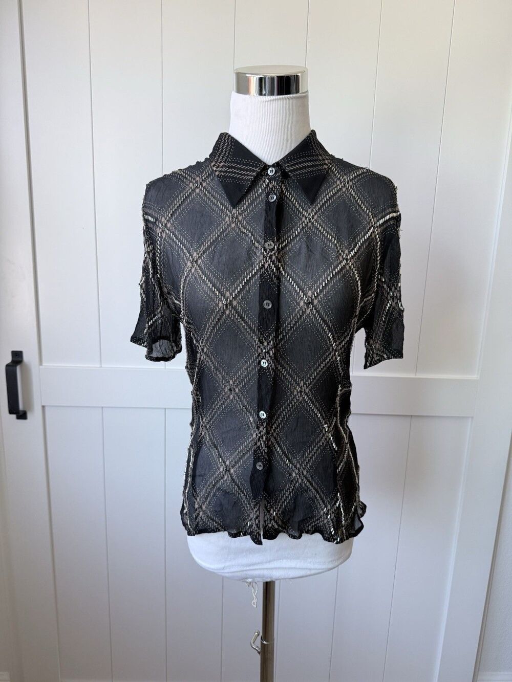 Cerruti 1881 Beaded Silk Blouse Black Sheer Chiffon Vintage Y2K 90s Sz 4 6 Goth